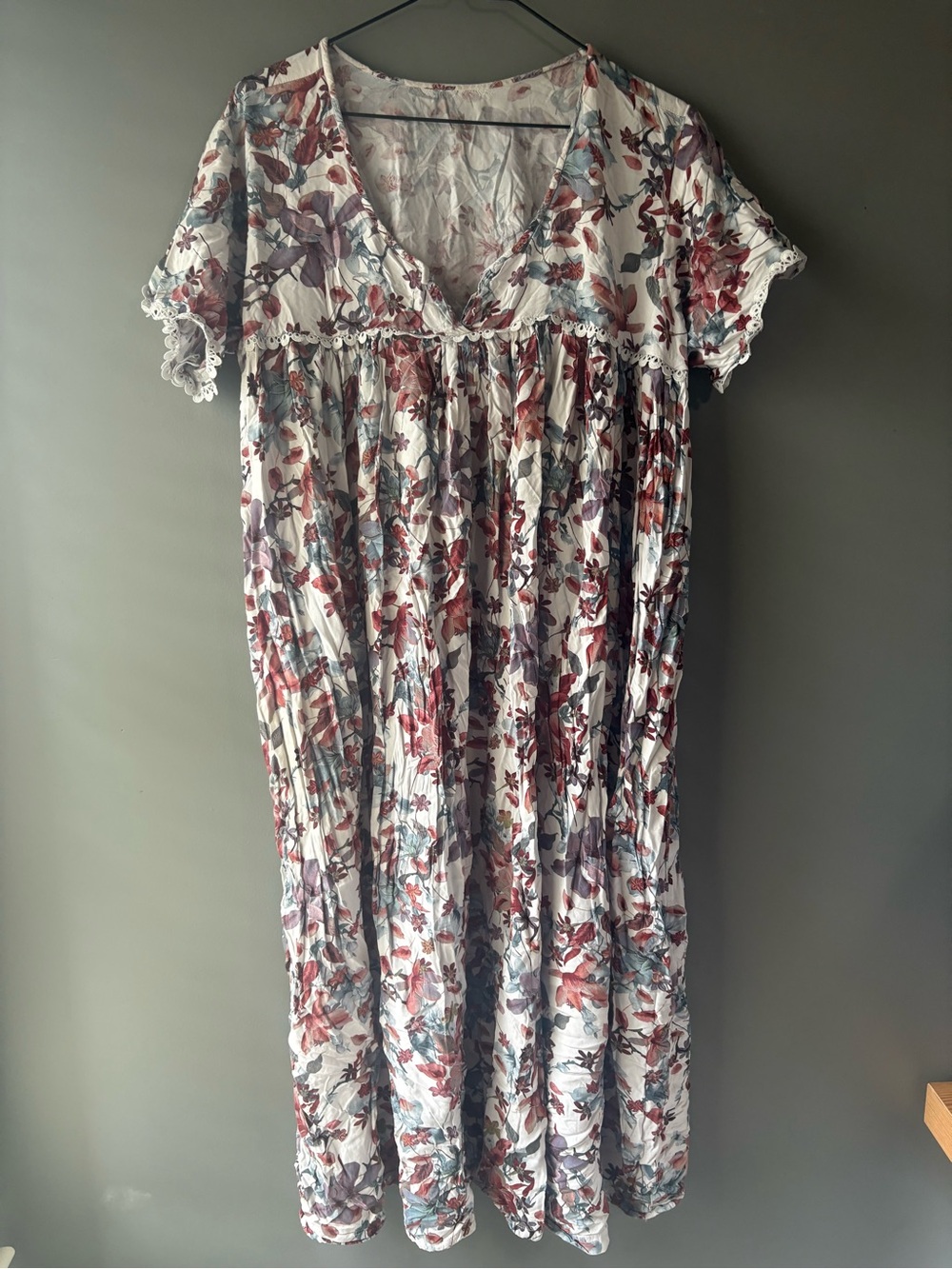 Boho Floral Babydoll Dress Cottagecore Lace Trim Flowy Midi/Lounge Dress - Picture 2 of 6